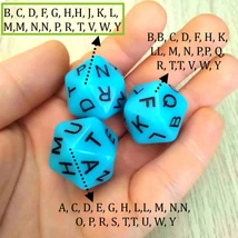 Az egyes betűk előfordulásai a karamell színváltozaton -  Húszoldalú kocka az ábécé betűivel - kék1