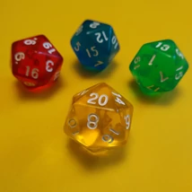 Húszoldalú ikozaéder „kocka" lapszámozva 1-20-ig, áttetsző sárga - egyéb színekben is! (1 db)