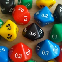 Tízoldalú kocka tizedestörtekkel számozva - számoláshoz - műveletekhez - matematika- és idegen nyelvi órán - fekete - színválaszték