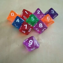 Tízoldalú kocka játékos feladatokhoz, csapatépítéshez, 0-9-ig számozva, áttetsző lila szín