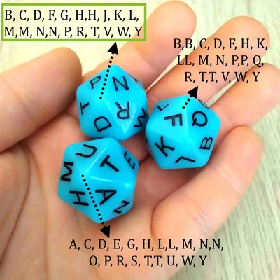 Az egyes betűk előfordulásai a karamell színváltozaton -  Húszoldalú kocka az ábécé betűivel - kék1