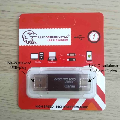 Kétvégű pendrive – telefonhoz is használhatod! – 32 GB, fekete, USB–C csatlakozóval